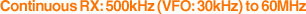 Continuous RX: 500kHz (VFO: 30kHz) to 60MHz